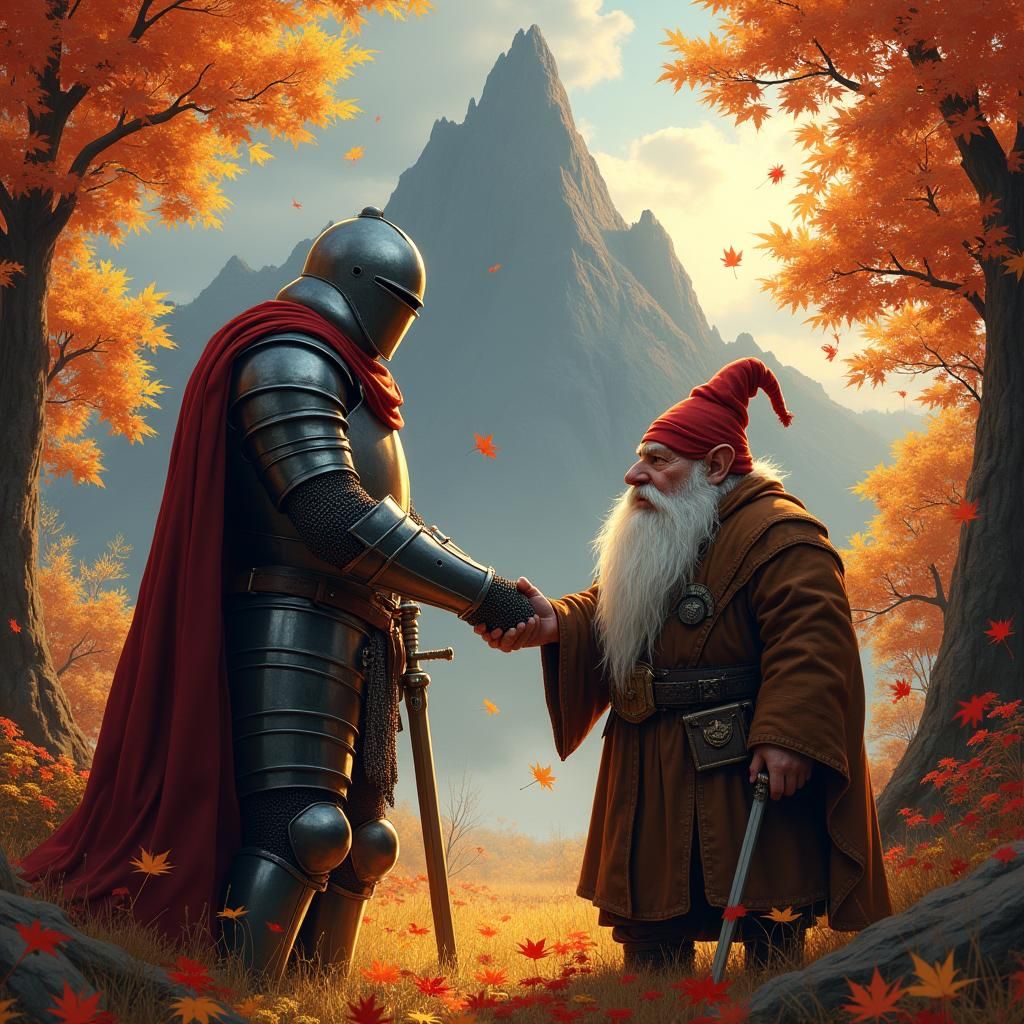 Knight and Gnome Peace Accord in Autumnal Dark Fantasy