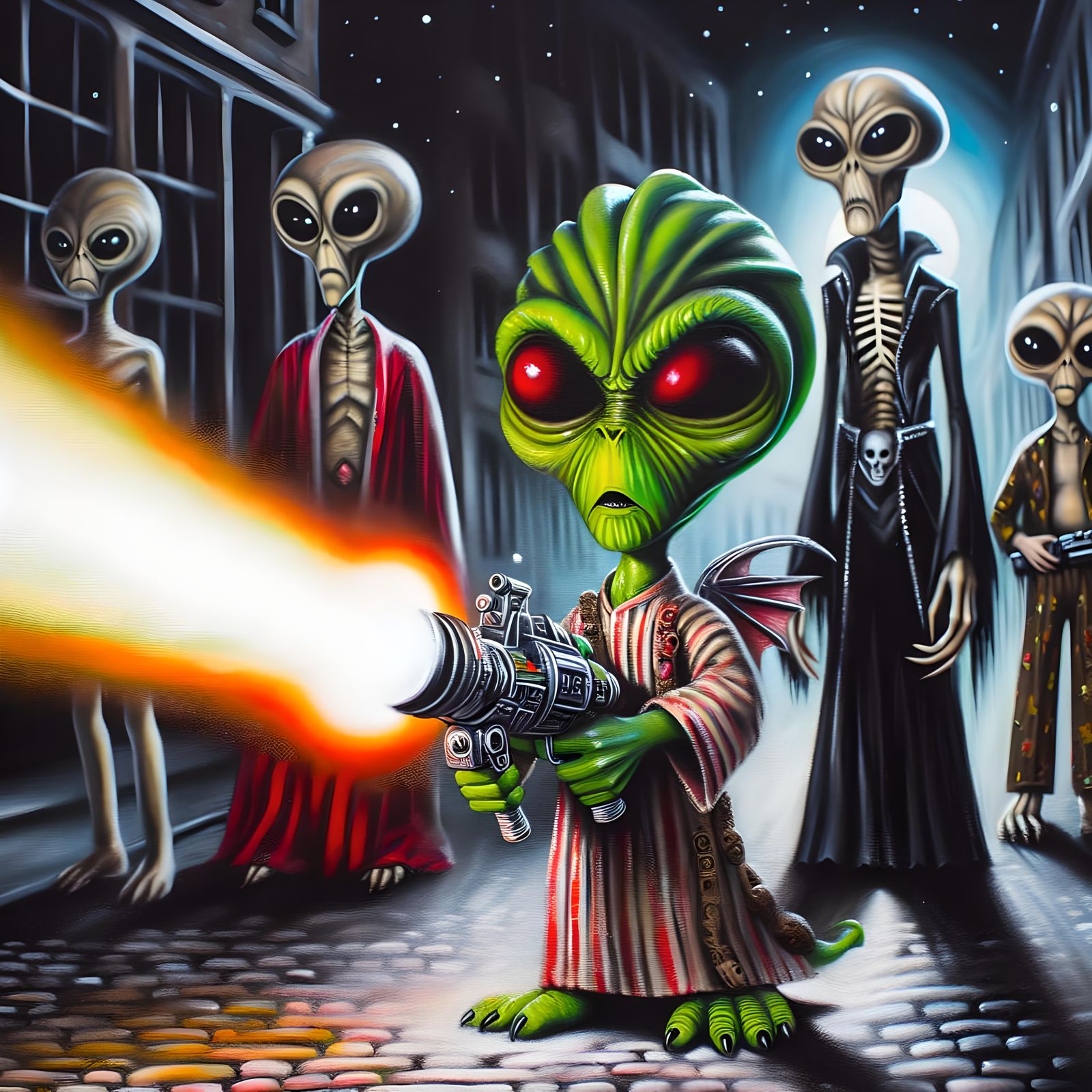 Evil Green Alien Invasion on Gothic Street