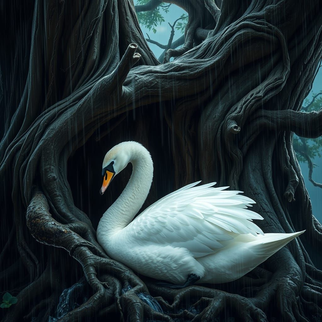Swan Finds Refuge in Ancient Tree Amidst Torrential Downpour