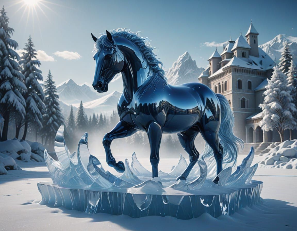 Crystal Horse Sips from Frozen Fountain in Icy Landscape