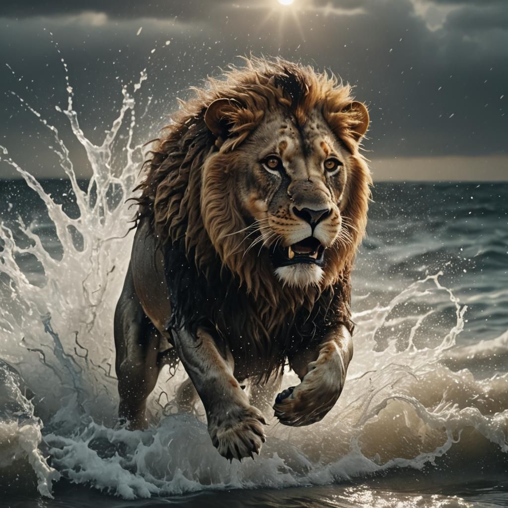 Lion's Ocean Plunge: Hyper-Realistic Digital Art
