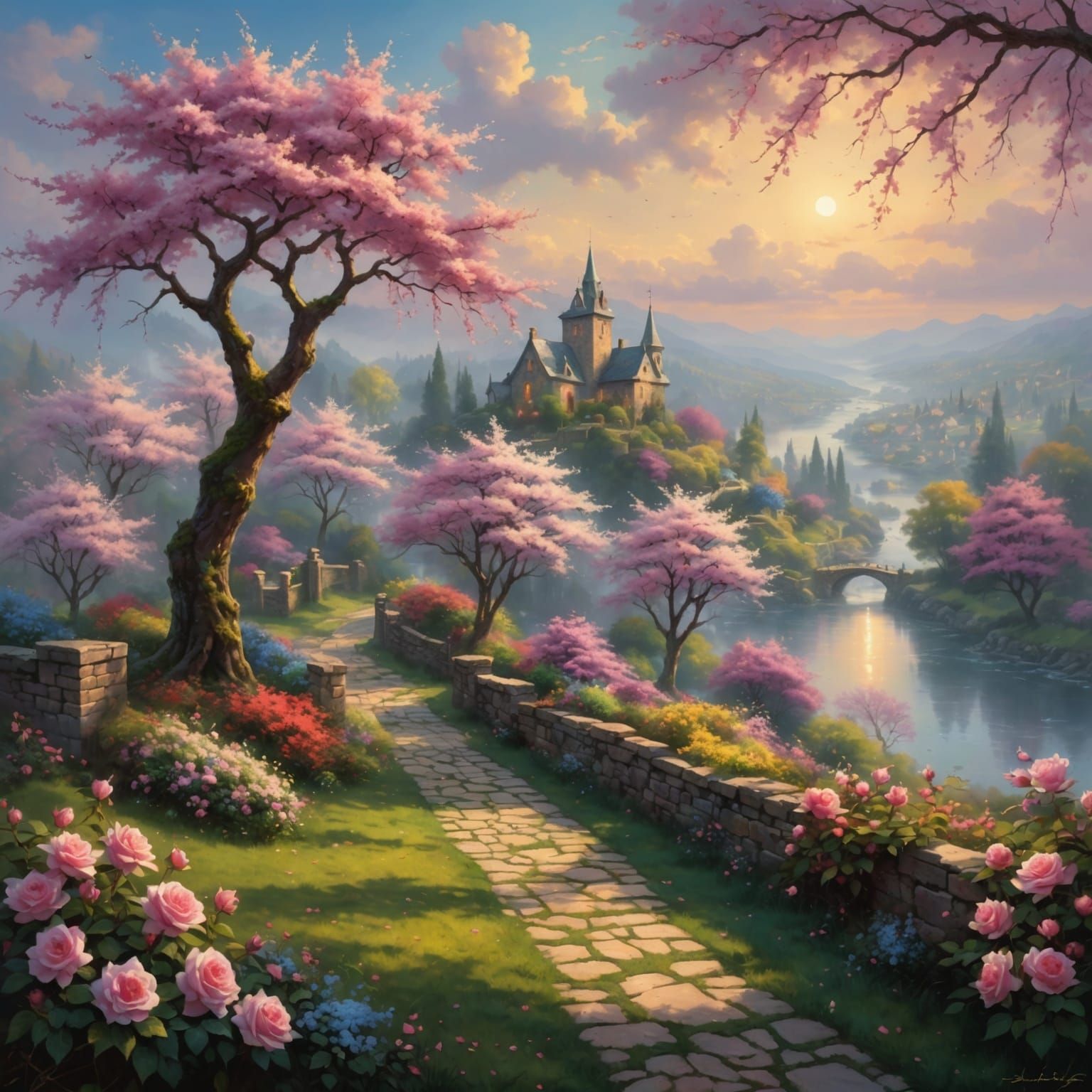 Ethereal Fantasy Landscape with Blossoms, Kinkade Style