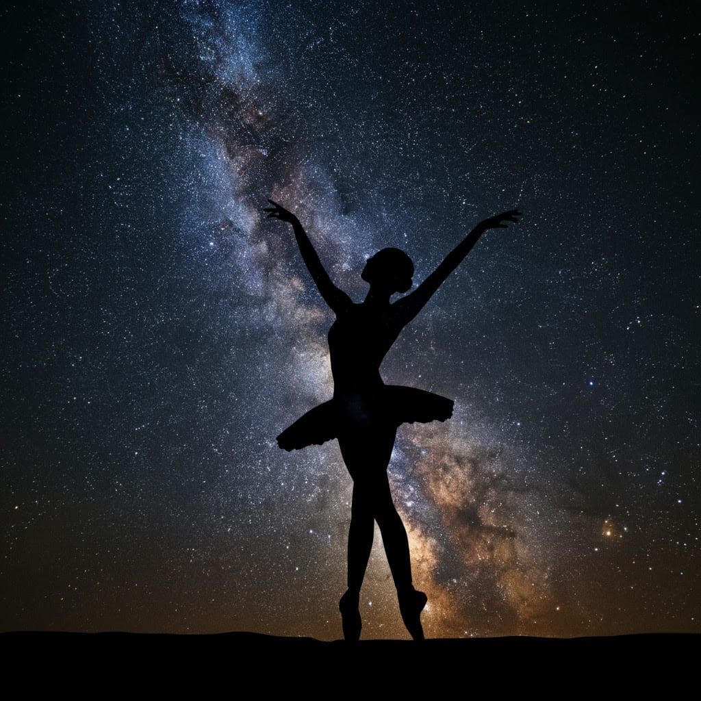 Ballerina Silhouette Dancing Under Starry Night