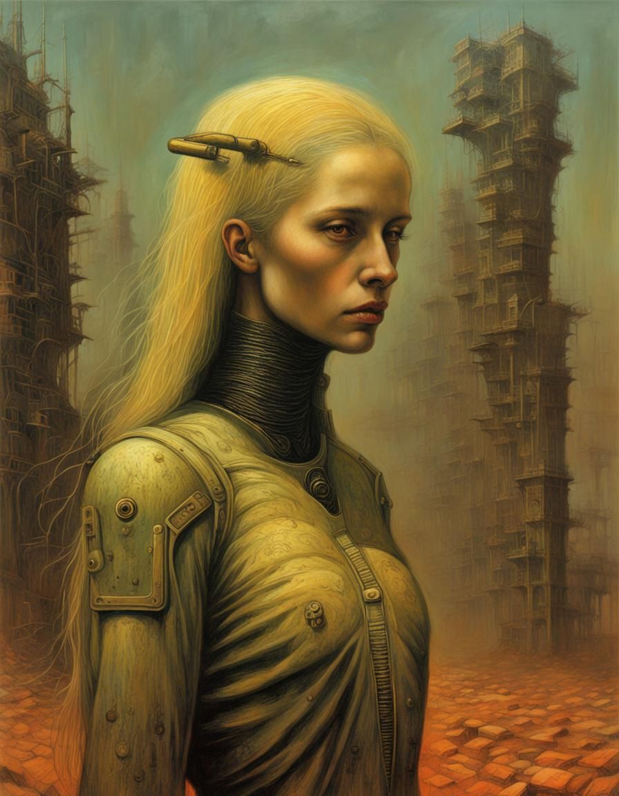 Zdzisław Beksiński dystopian surrealism determined-looking (sci-fi:1.2) blonde (female general:1.3)