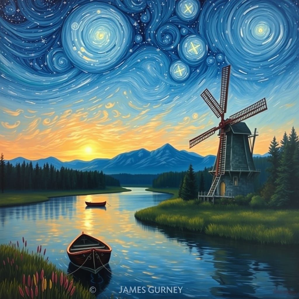 Dutch Windmill at Sunset in Starry Landscape