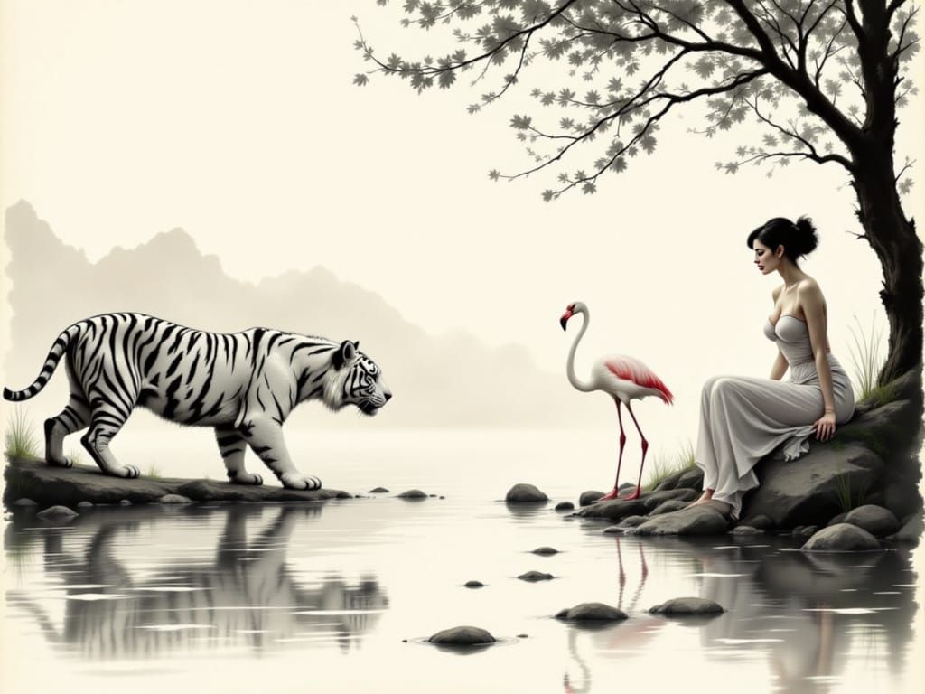 Tiger, Flamingo, and Pin-Up in Sumi-e Style