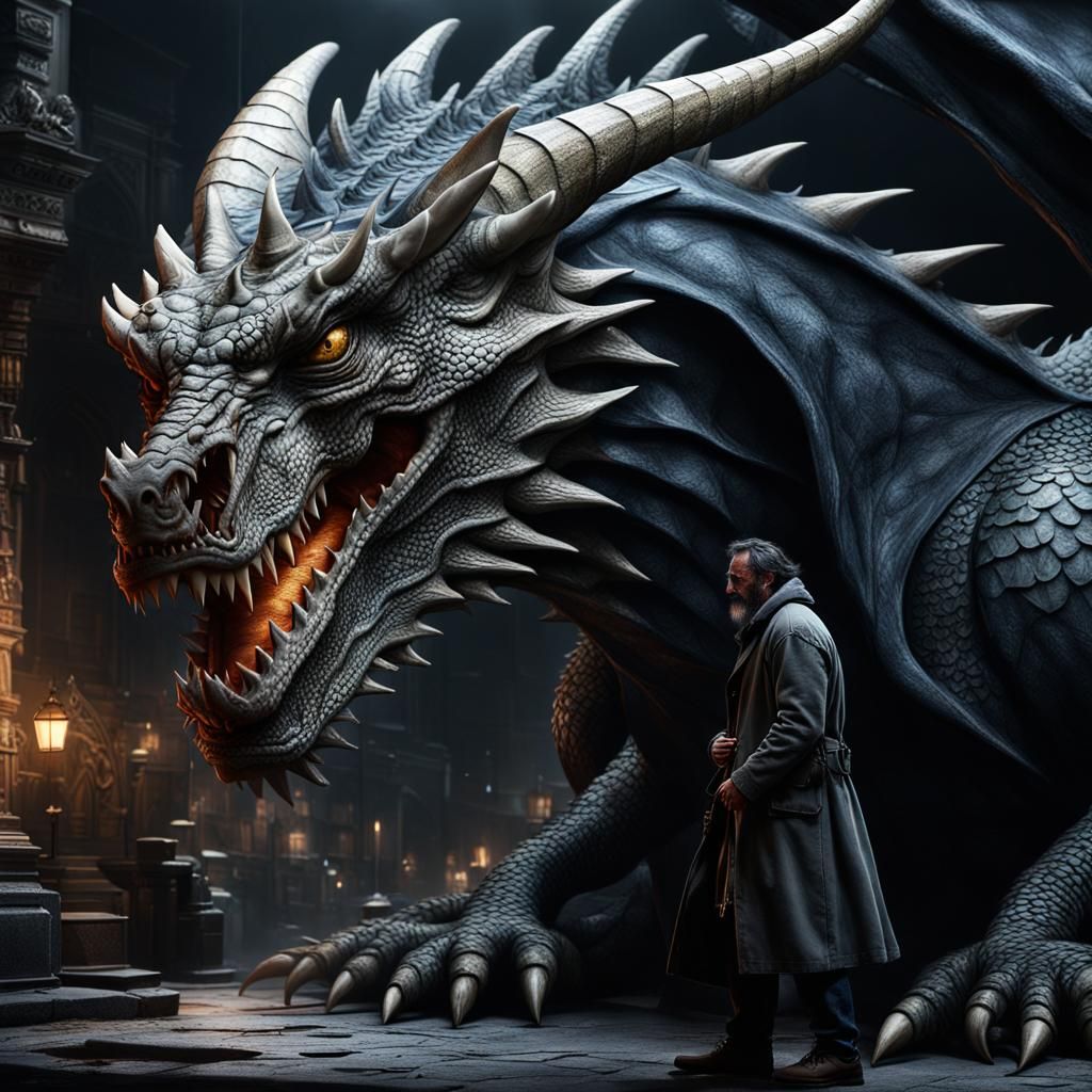 Homeless Man and Dragon: Hyperrealistic Portrait