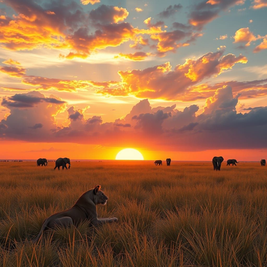 Savannah Sunset with Lions and Elephants in 3D-Rendered Sky
