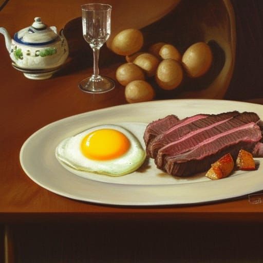 Steak and Eggs Breakfast in Oil Painting Style