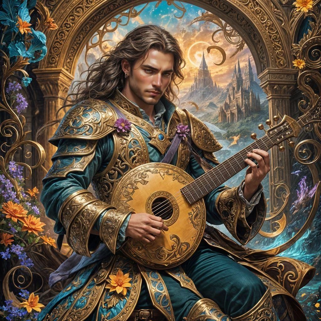 Fantasy Bard Casting Musical Magic in Digital Painting Style