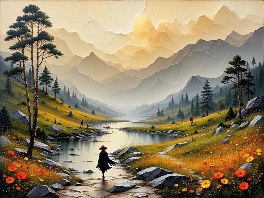 Mosaic Mountainside with Traveler in Mixed Media