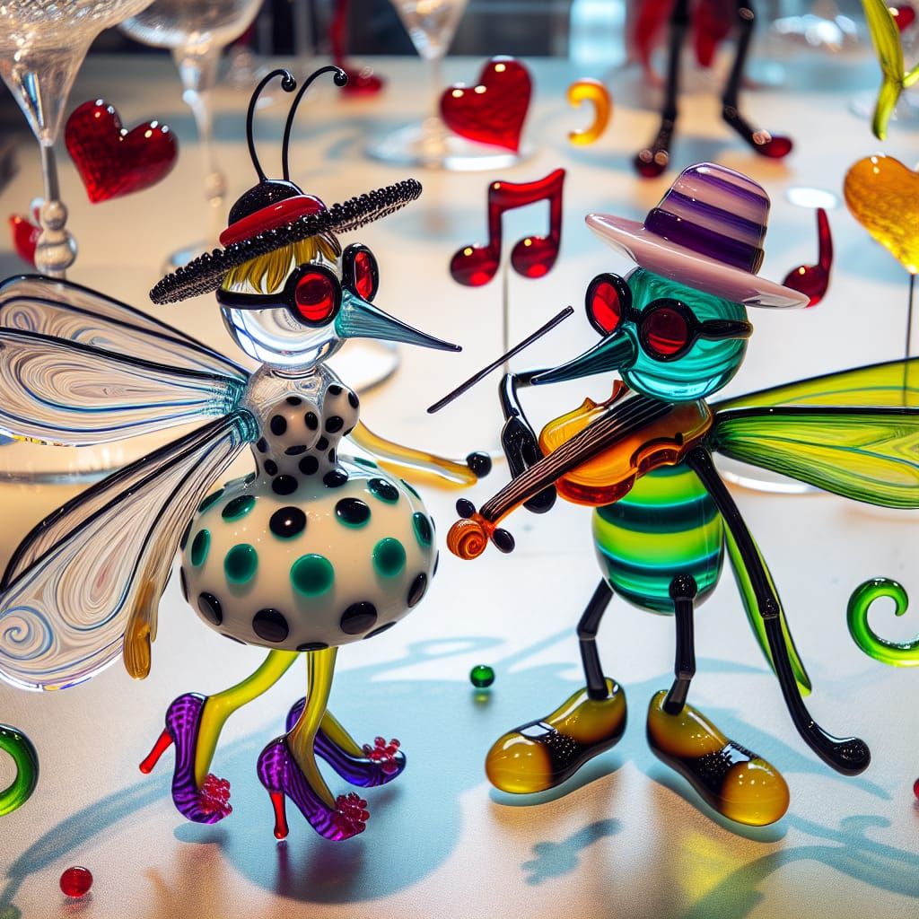 Blown-Glass Mosquito Couple with Violin and Hearts