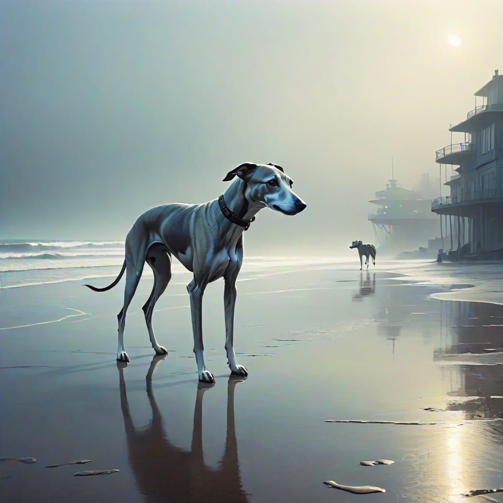 Whippet Strides Along Moody Beach