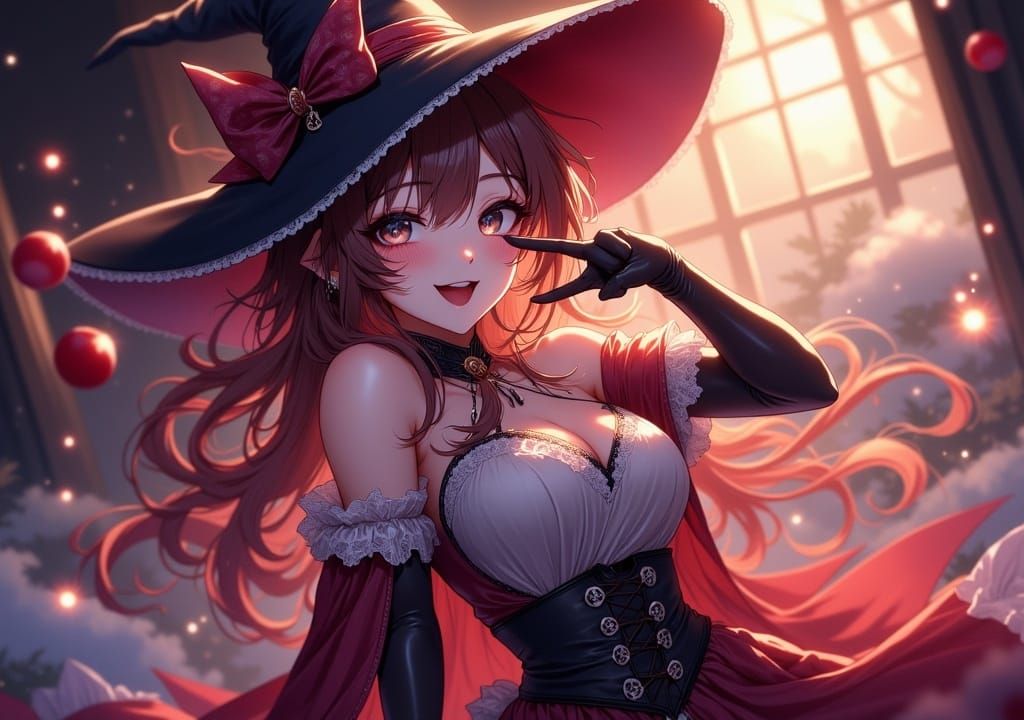 Anime Witch with Cherry Outfit and Magic Particles