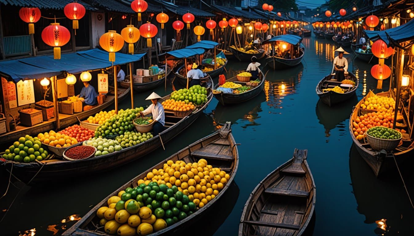 Impressionist Night Market Scene with Lanterns and Boats