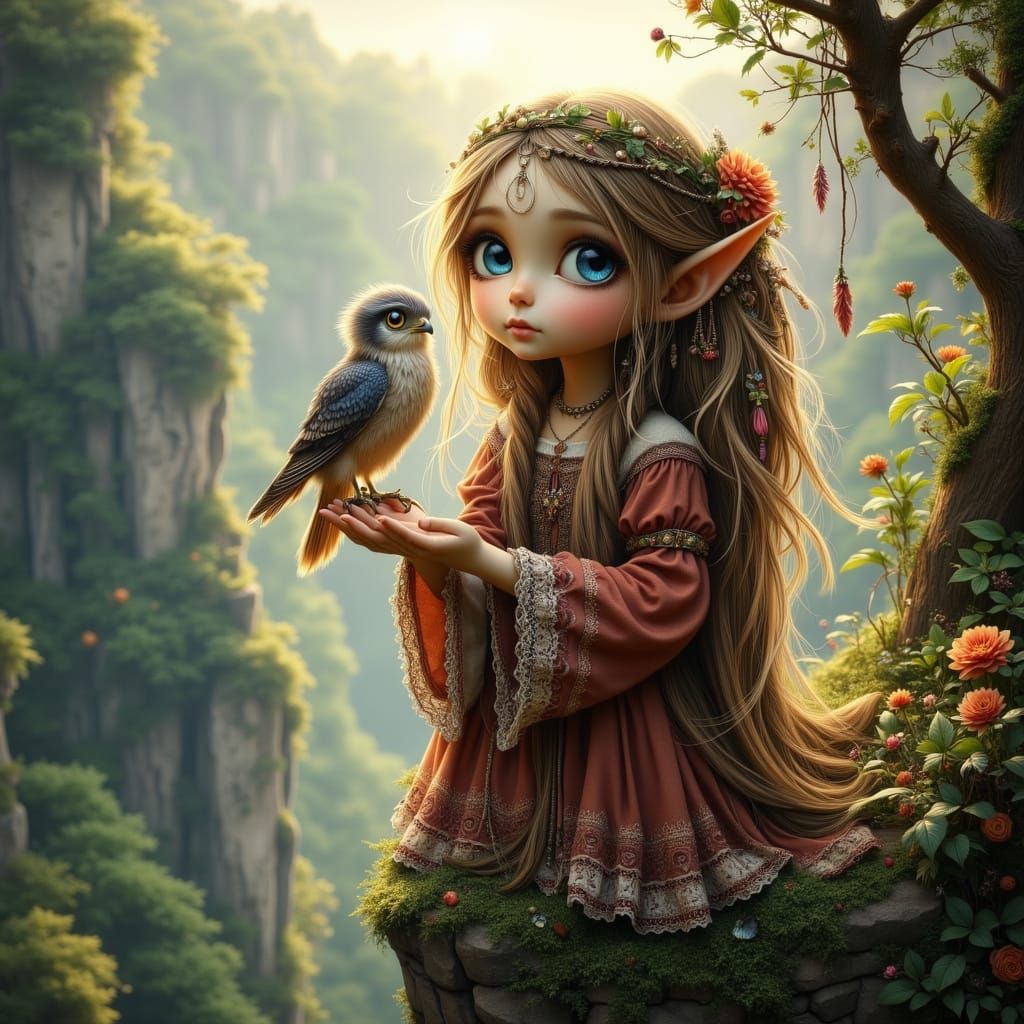 Cute elf holding a little bird