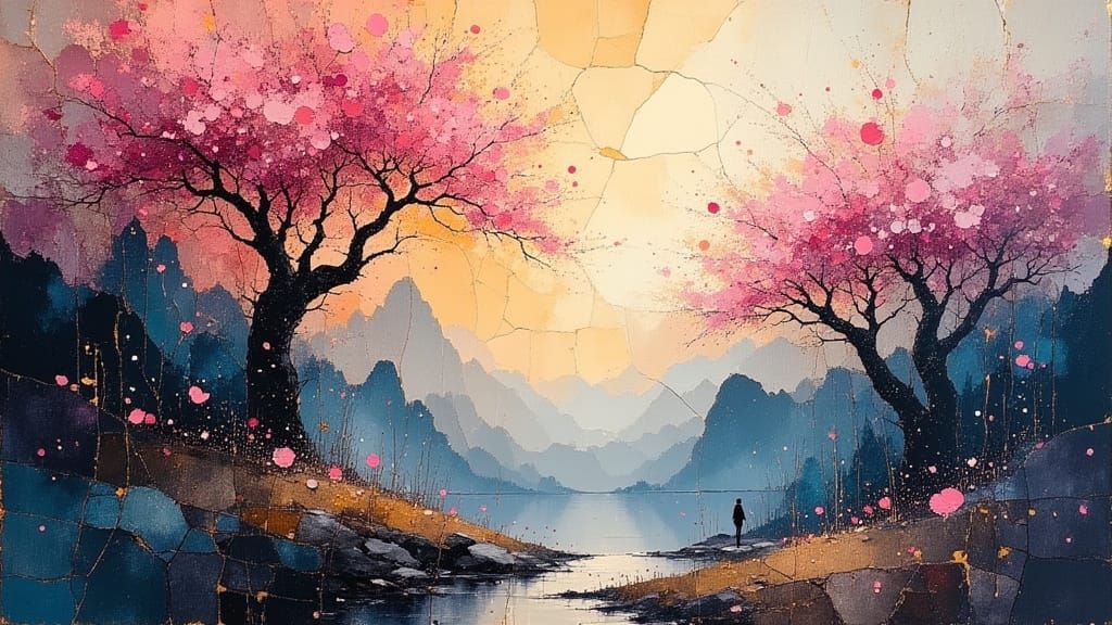 Impressionist Cherry Blossom Landscape in Oil