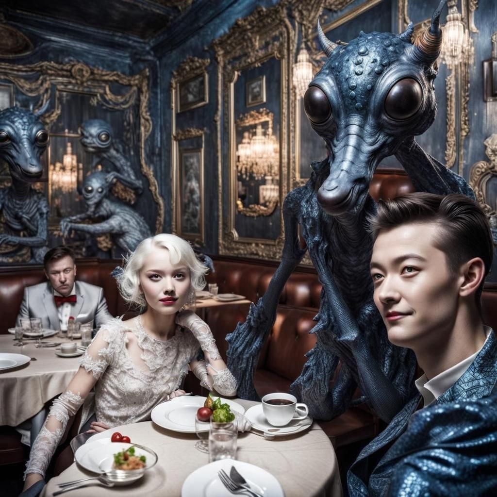 Surreal Restaurant Scene with Beautiful Aliens in Profession...