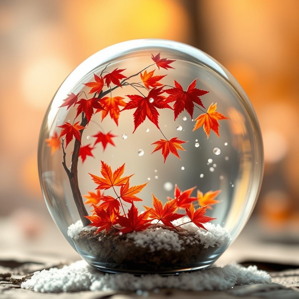 Miniature Fall Scene in Snow Globe with Falling Leaves