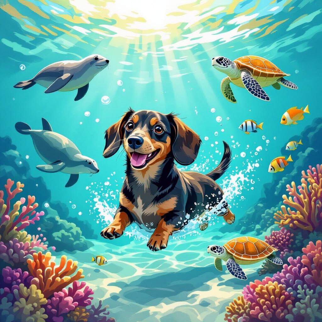 Cute Dachshund Swims With Seals and Turtles in Turquoise Sea