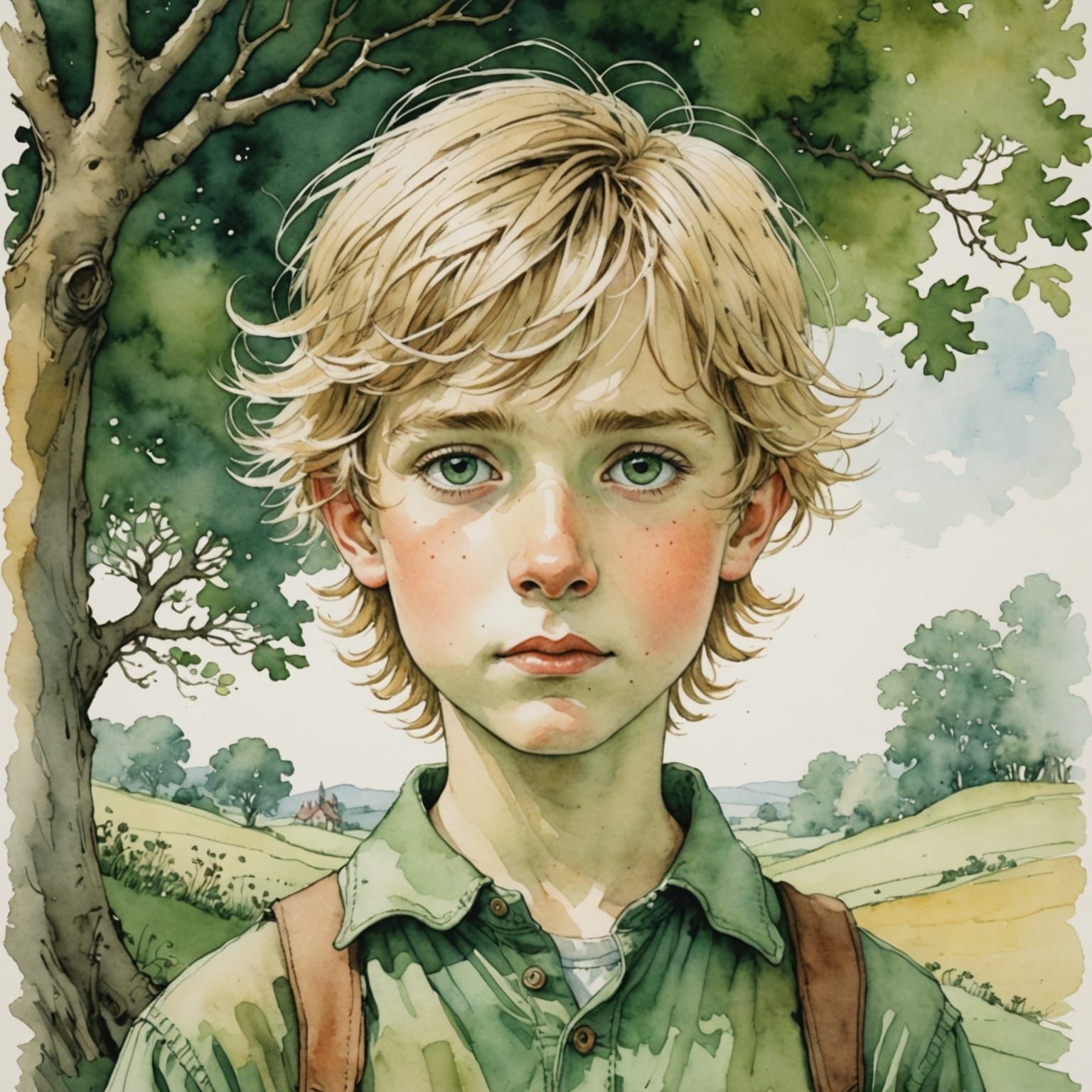 Whimsical Watercolor Portrait of a Young Boy in a Field