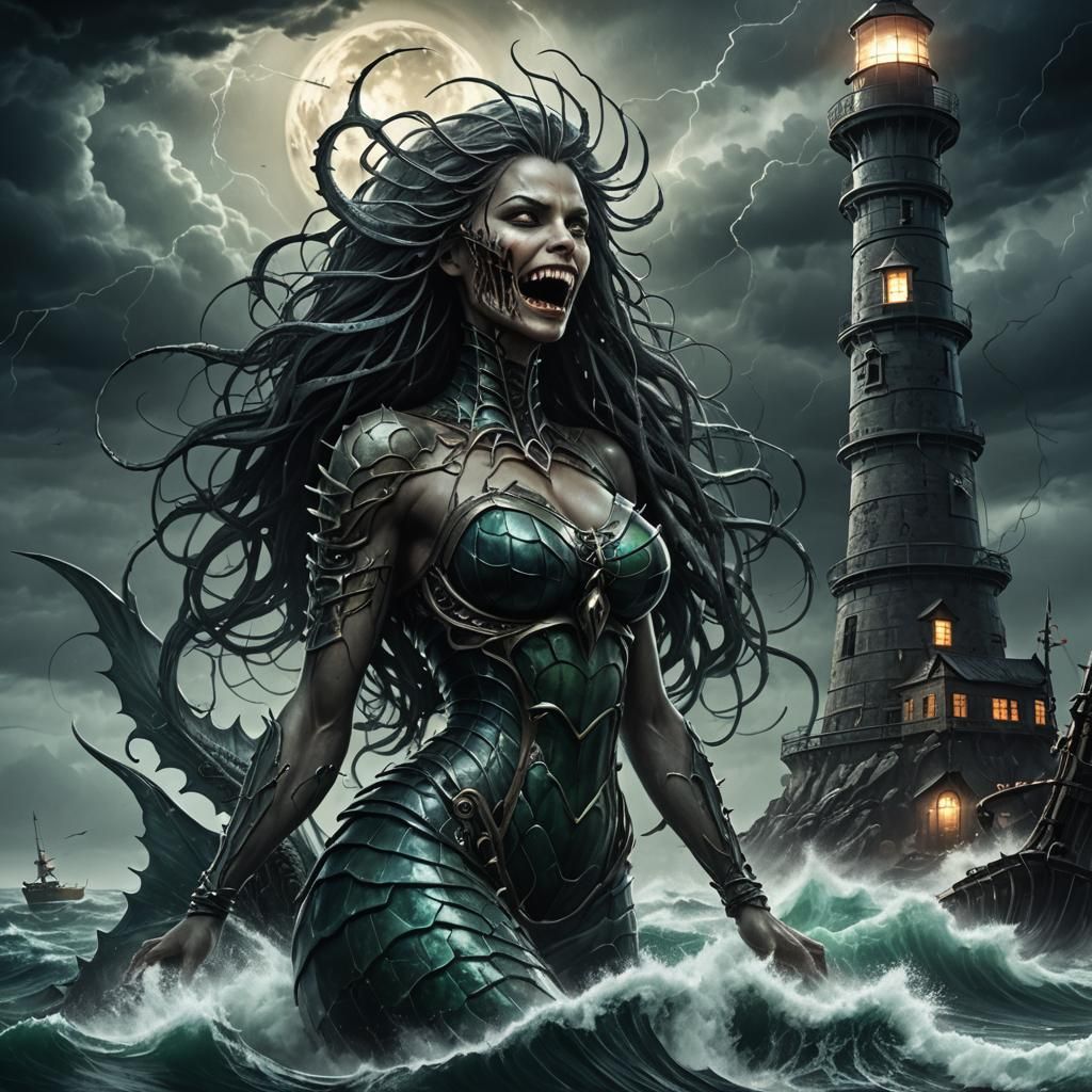Menacing Mermaid Grips Lighthouse: Dark Fantasy Art