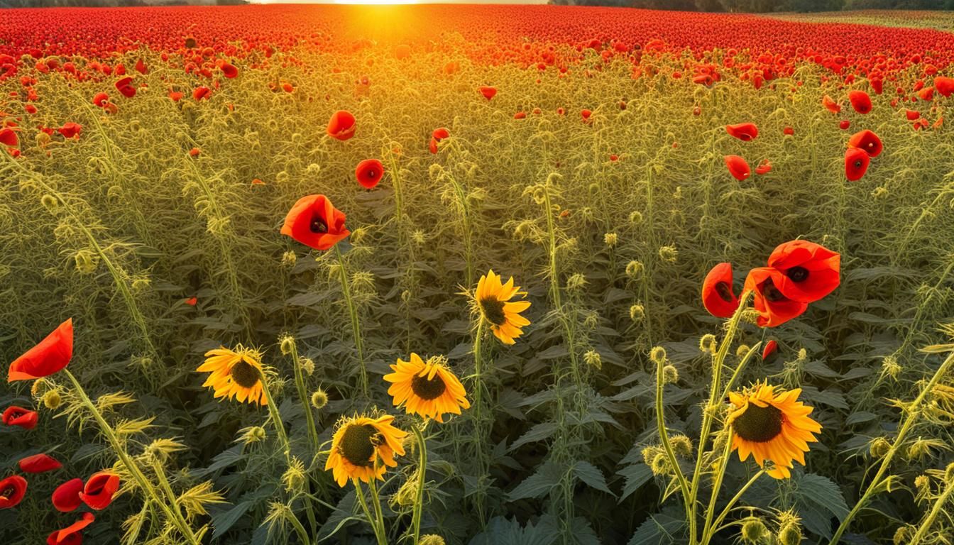 Sunflower Among Marijuana Flowers and Red Poppies
