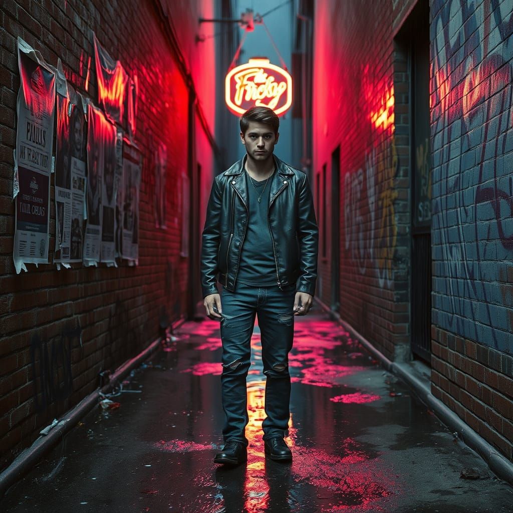 A raw, gritty urban portrait of a lone figure standing in a rain-soaked alleyway