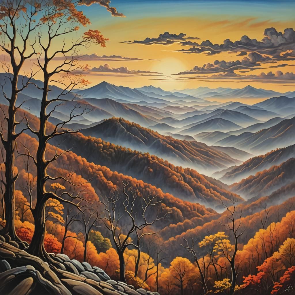 Great Smoky Mountains Sunset: Surrealist Oil Painting