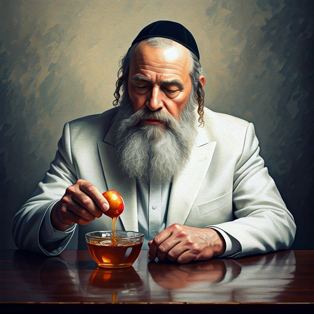 Orthodox Jew Dipping Apple in Honey, Gouache Style