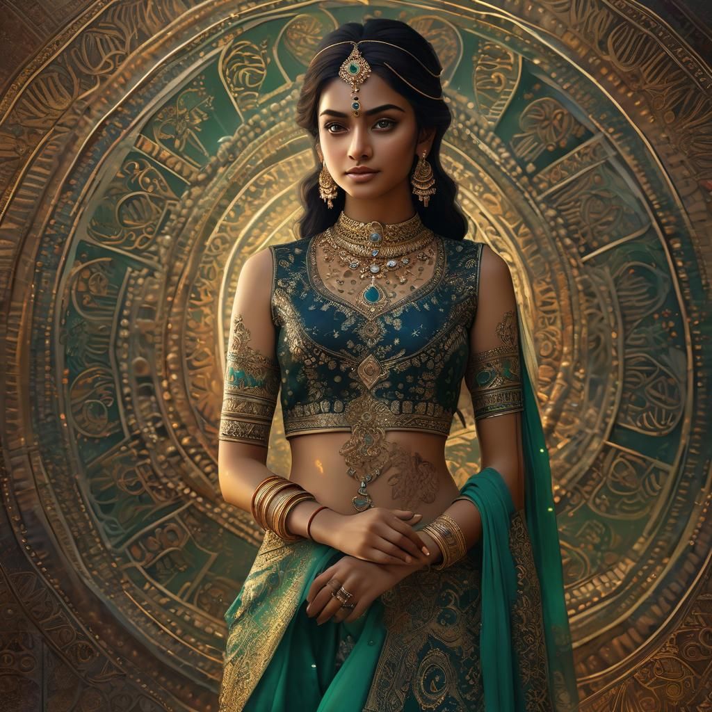 Beautiful Hindu Girl with Henna in Digital Painting