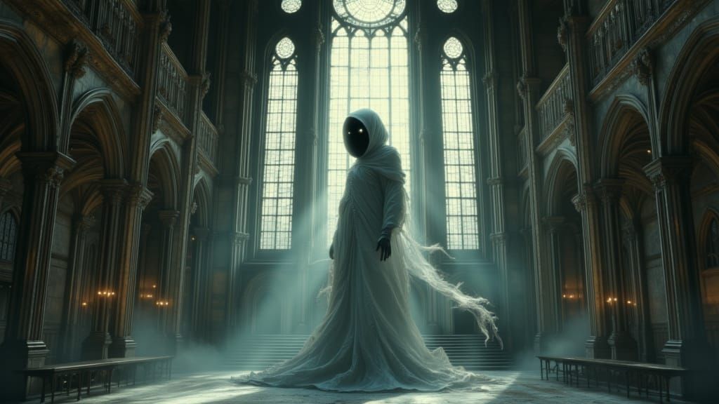 Ghostly Specter in Abandoned Gothic Cathedral