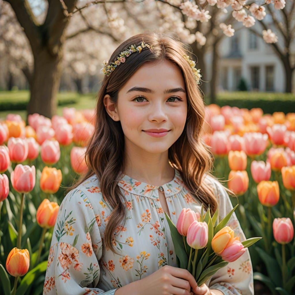 Young Girl Basks in Warm Spring Light Amidst Vibrant Tulips