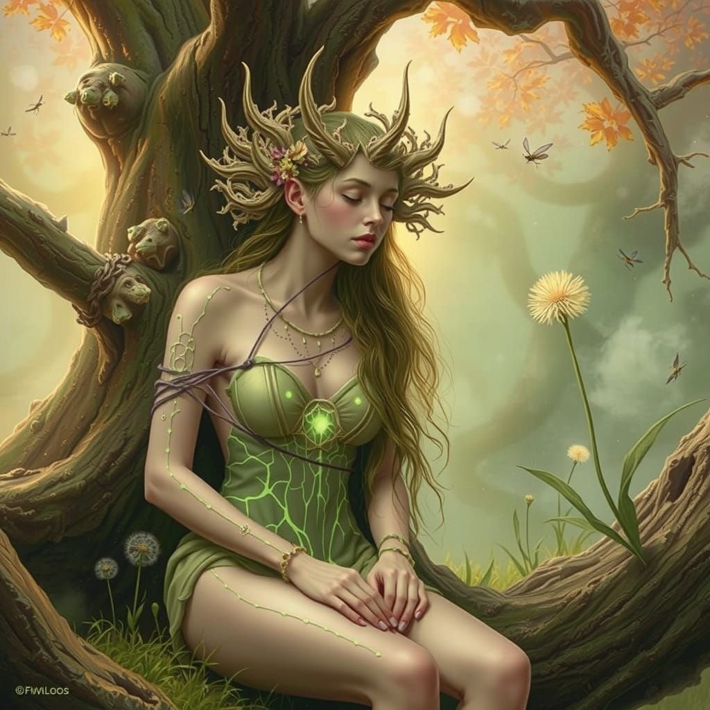 Mystical Dryad at Sunrise in Ethereal Realism Style
