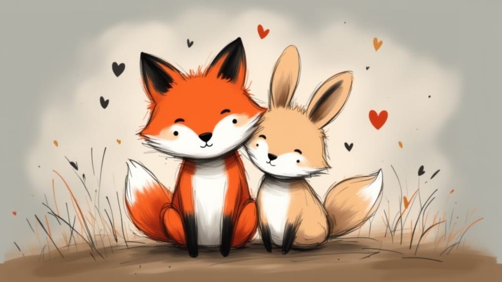 Cute Fox and Rabbit with Googly Eyes and Hearts