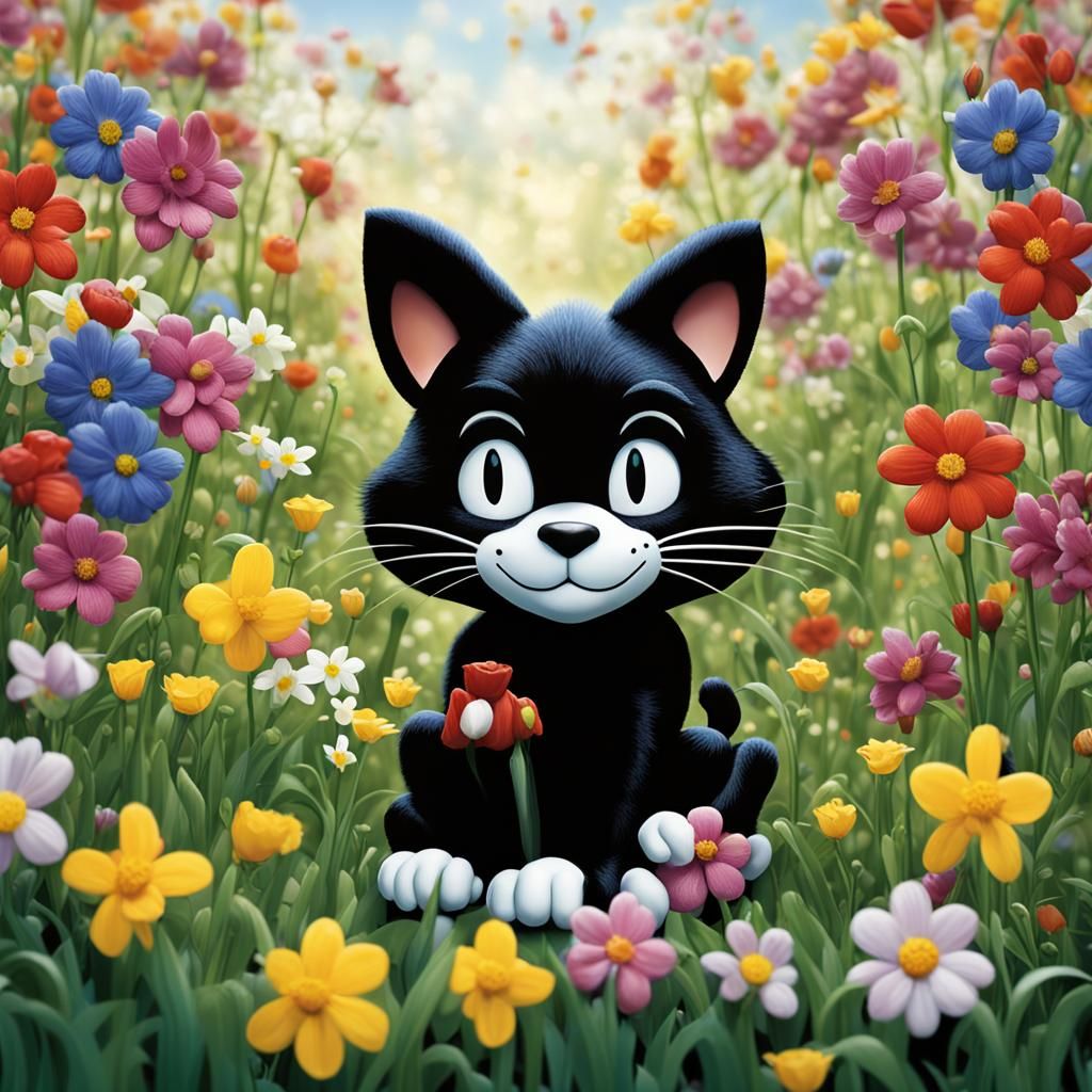 Felix the Cat Portrait with Spring Flowers