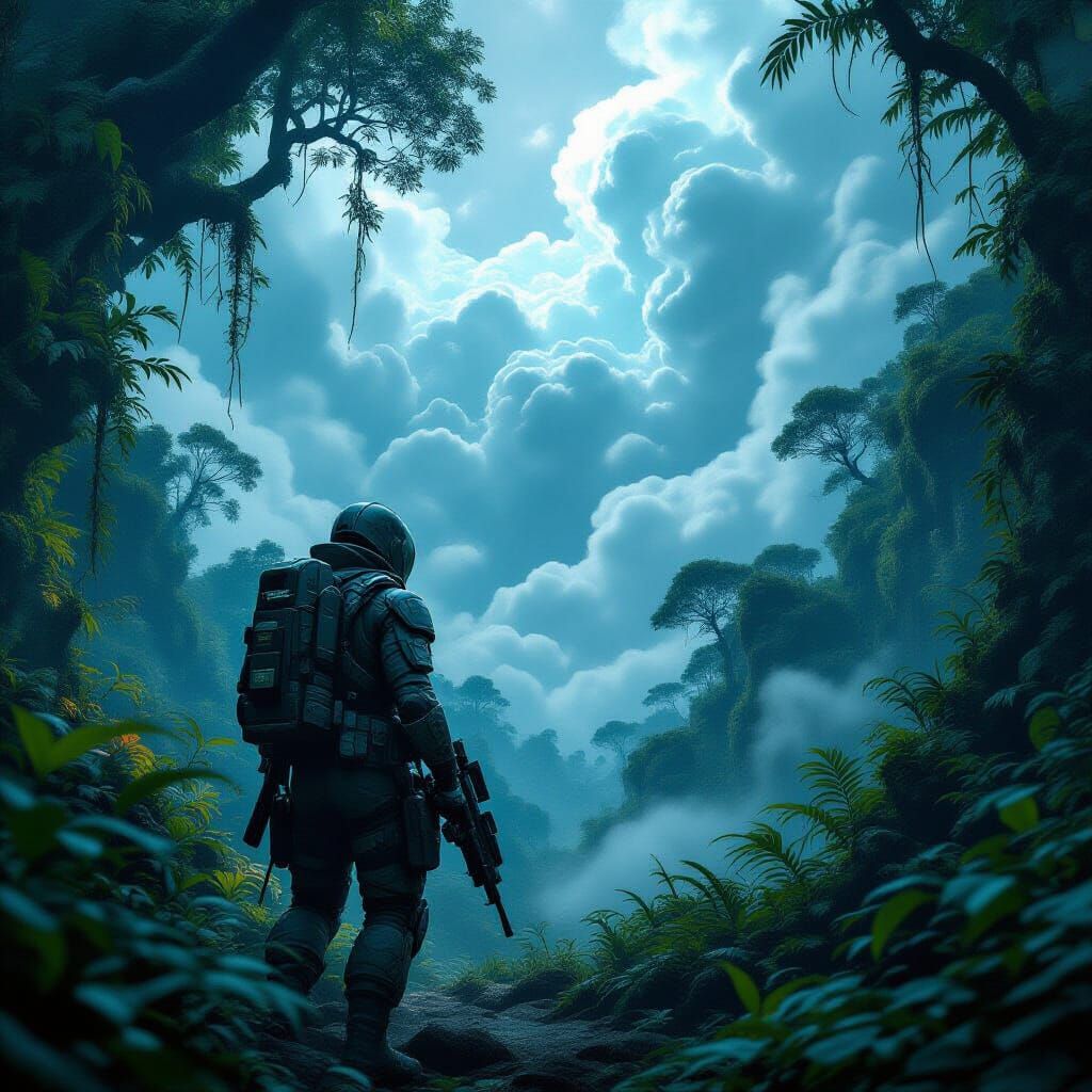 Mercenary Navigates Alien Jungle in Hyperrealistic Style