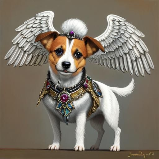 A jack russell dog wearing a jewelled silver wings