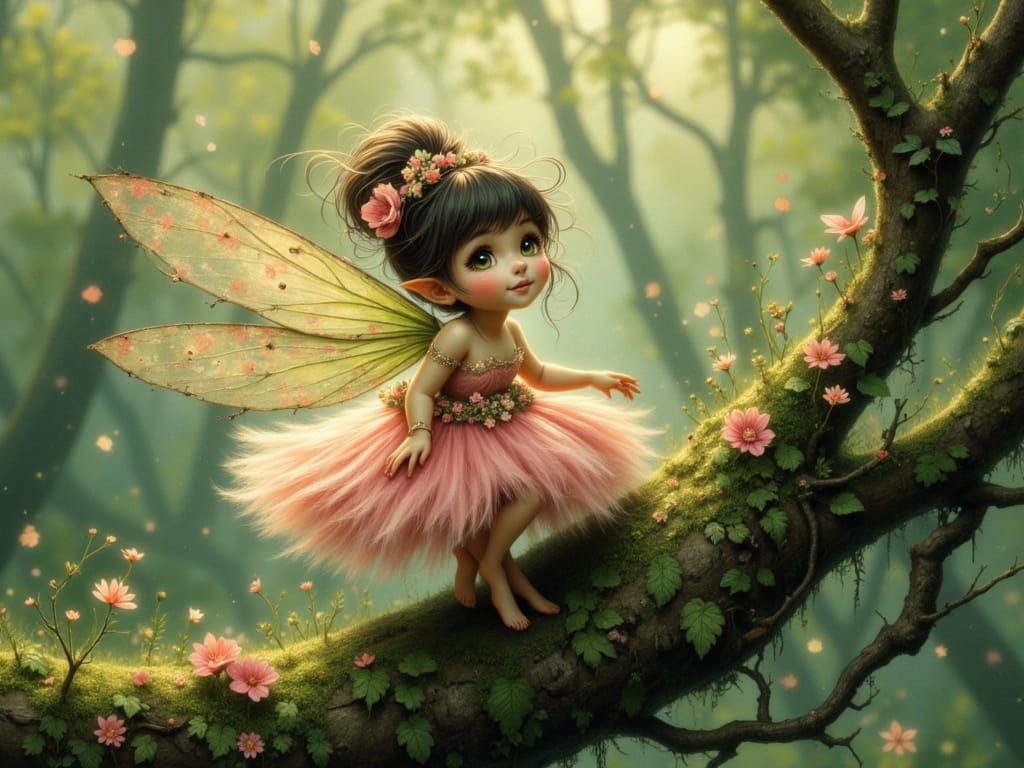 Tiny Fairy Ballet on Mossy Branch in Swirling Hues