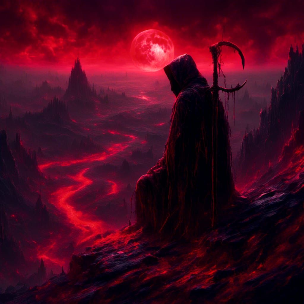 Sinister Figure with Scythe Under Red Moon