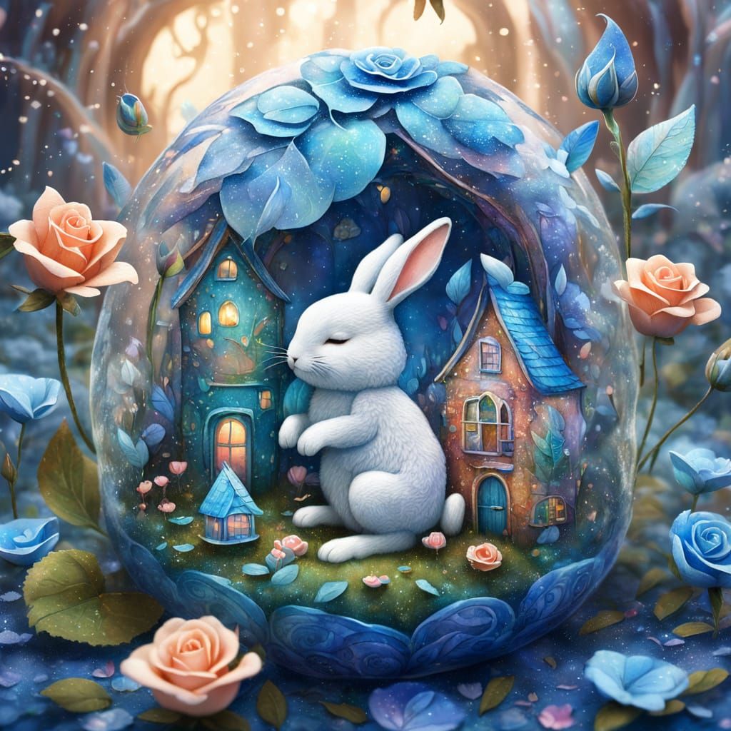 Sleeping Bunny in Giant Rose Bud Cosmic Illustration