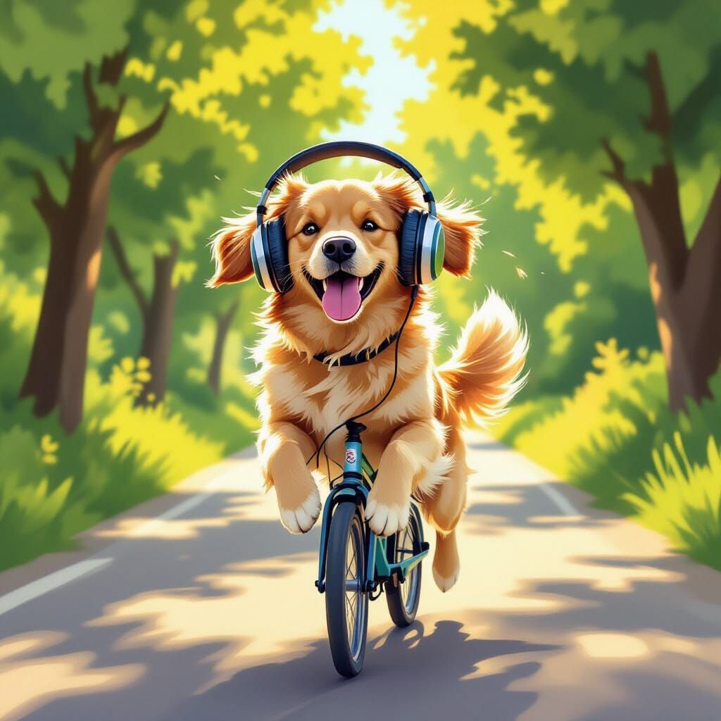 Golden Retriever Enjoys Cycling With Headphones