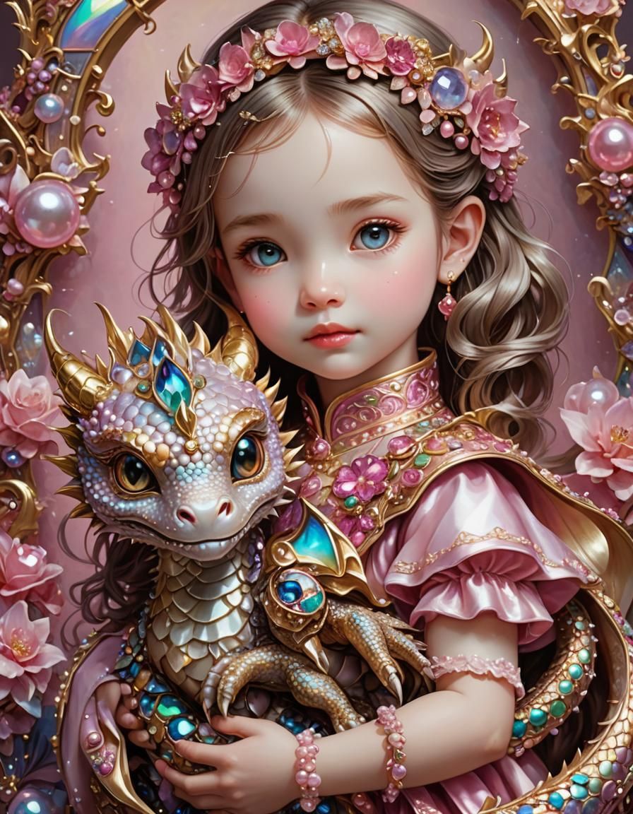 Girl Holding Iridescent Pearl Dragon with Gemstones
