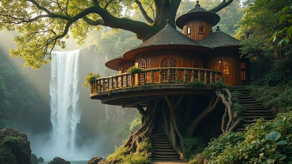 Elven Treehouse Castle by Waterfall in Dreamy Landscape
