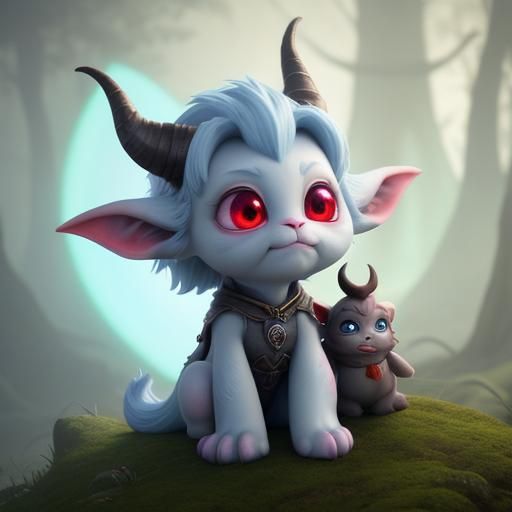Cute Tiefling Baby on Mossy Rock in Pixar Style