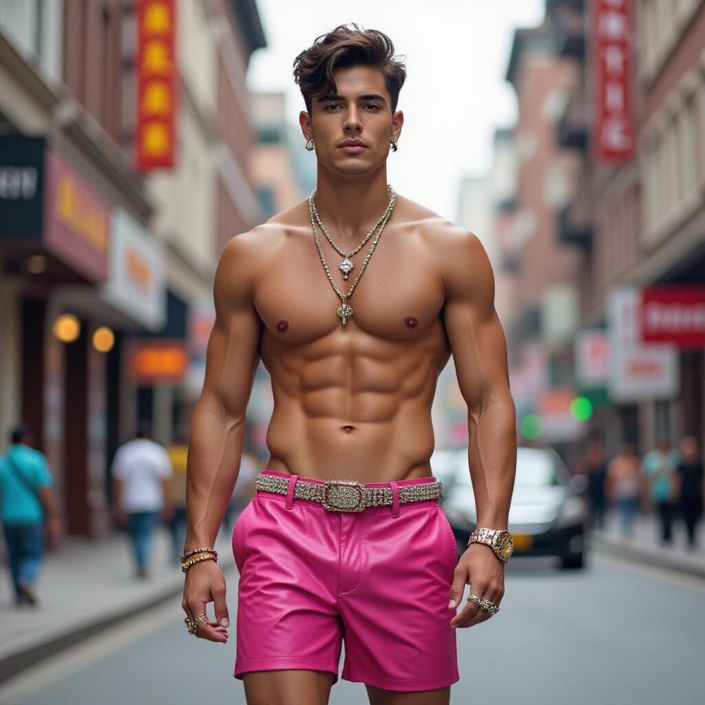 Bold Man in Pink Leather Shorts, in Vibrant Digital Art Styl...