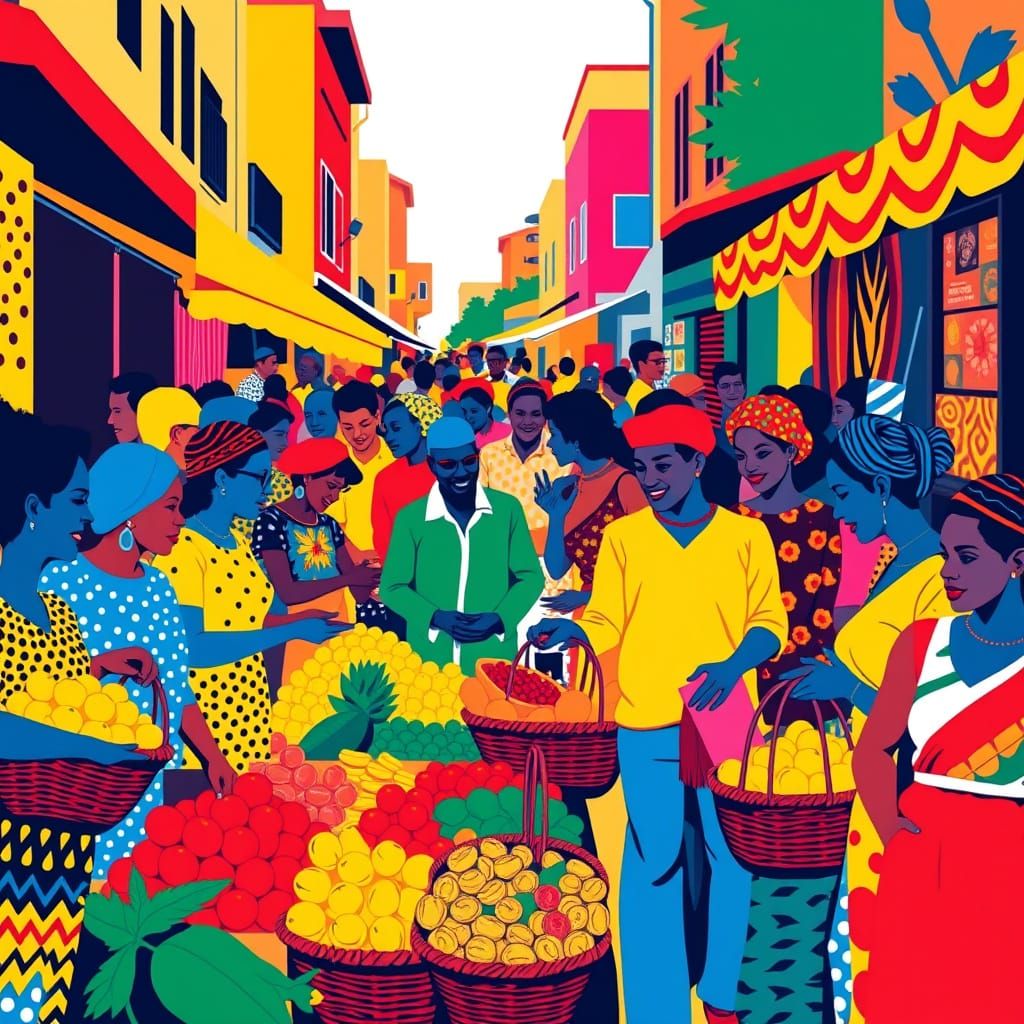Vibrant Pop Art Scene of a Bustling Street Market in Triadic...