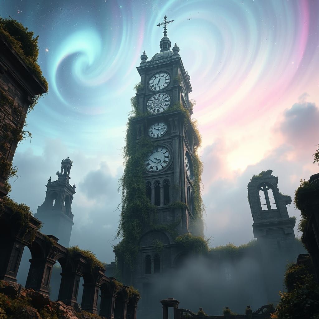 Mystical Clock Tower Amidst Celestial Ruins