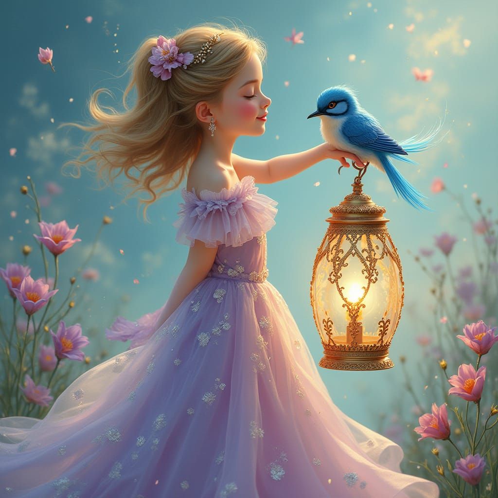 Elegant Woman with Bird Lantern in Fantasy Style