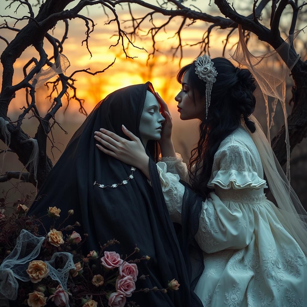 Poignant Kiss: Macabre Serenity in Beksiński Style